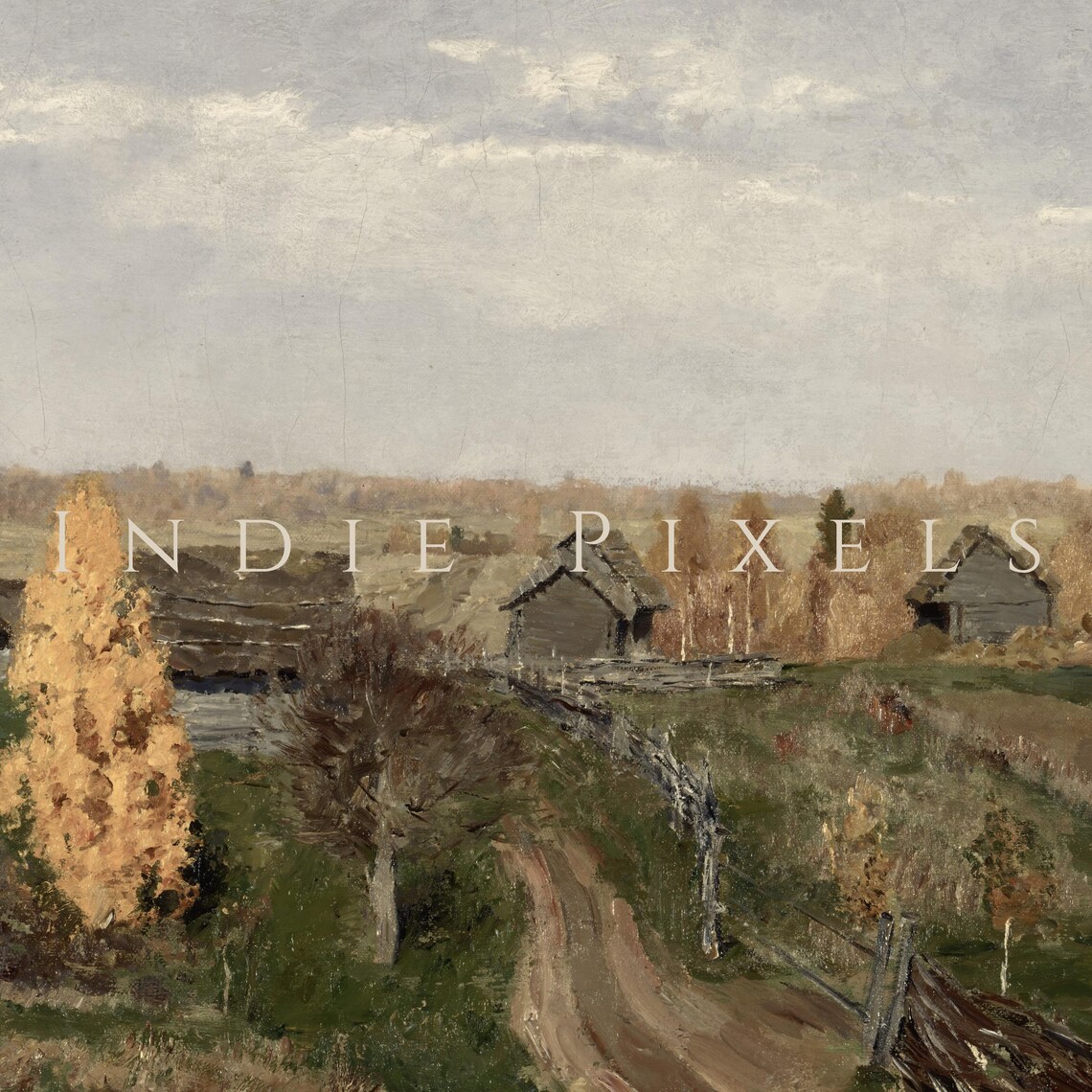 Vintage Autumn Village Countryside Cottages Golden Tree Painting Print - Image 3