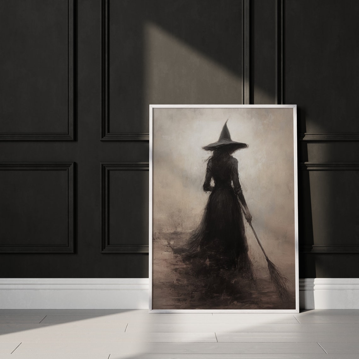 Witch Silhouette Broom Foggy Night Gothic Halloween Moody Art Poster - Image 3