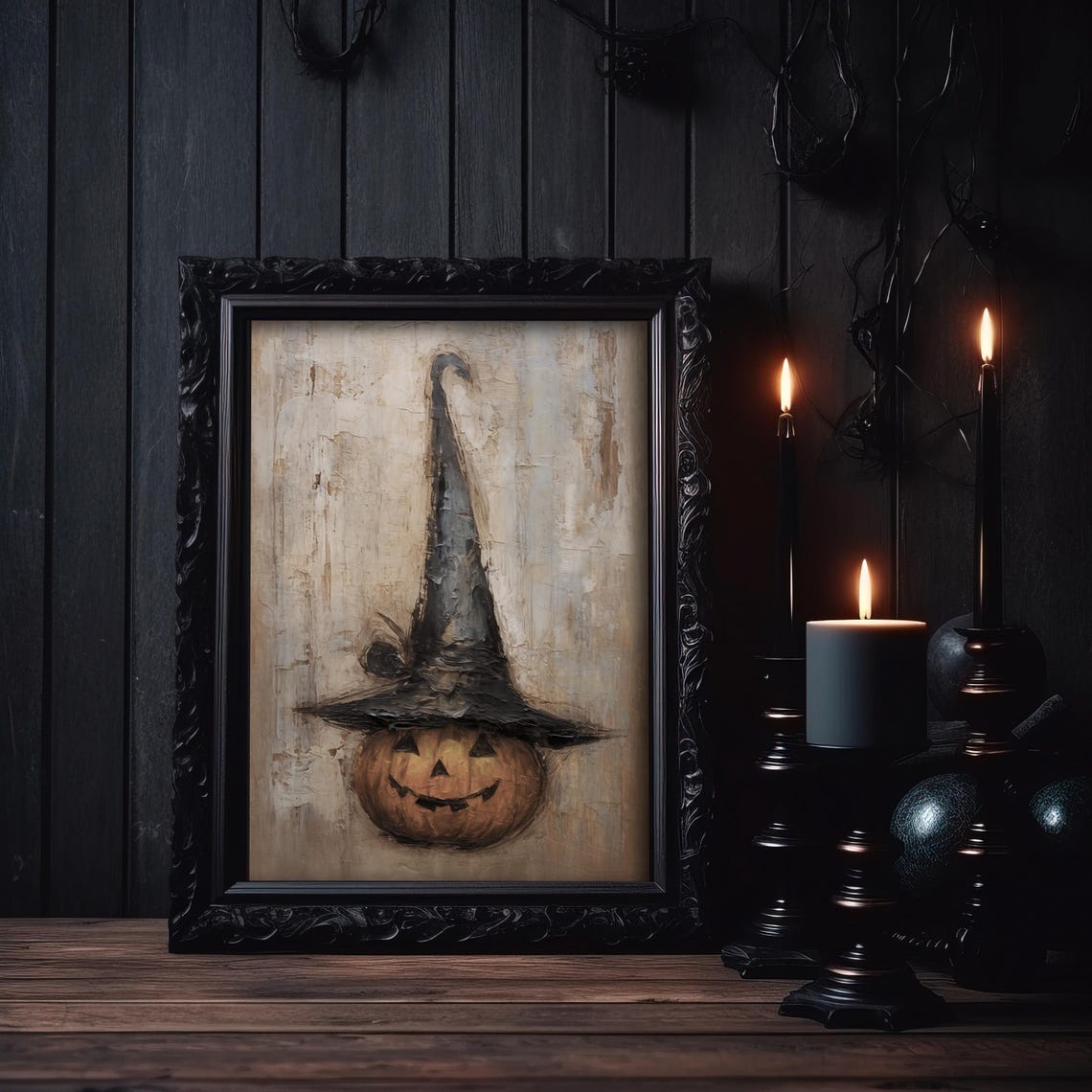 Jack O Lantern Witch Hat Cute Halloween Pumpkin Folk Art Poster - Image 2