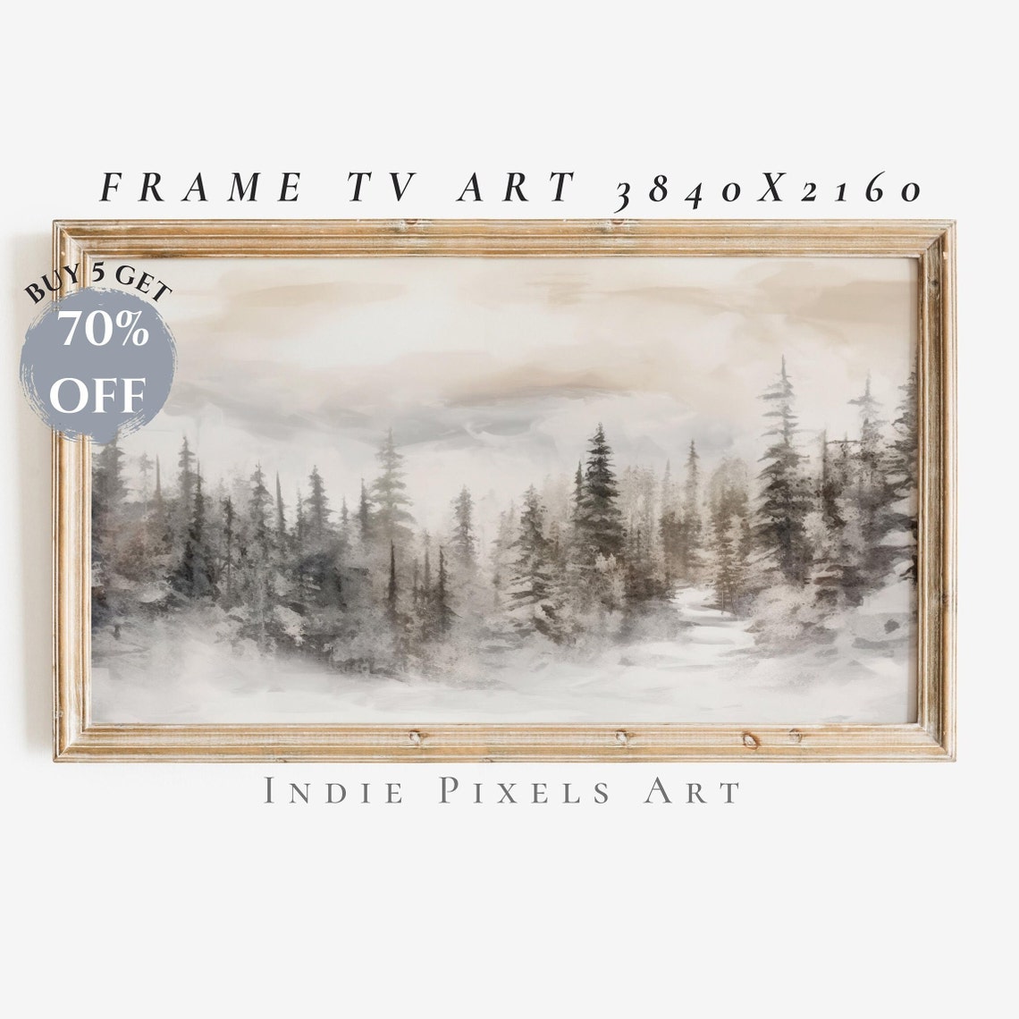 Soft Watercolor Snowy Pine Forest Misty Neutral Frame TV Art Print - Image 4