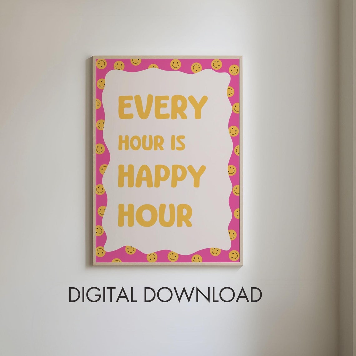 Every Hour Is Happy Hour Smiley Face Pink Bar Cart Fun Poster