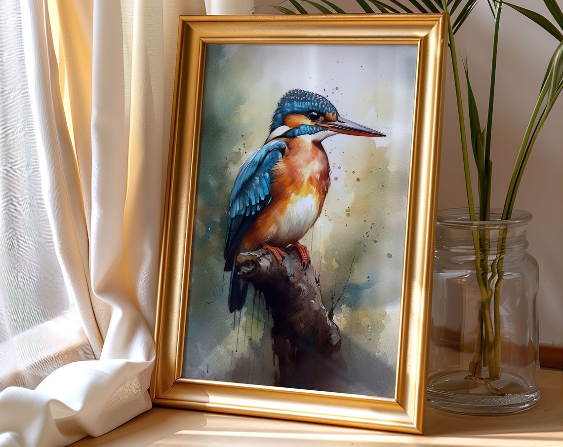 Common Kingfisher Watercolor Perched Branch Vibrant Bird Poster