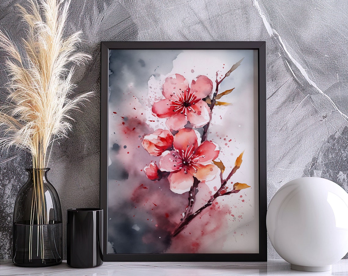 Coral Cherry Blossom Branch Watercolor Moody Dark Floral Poster