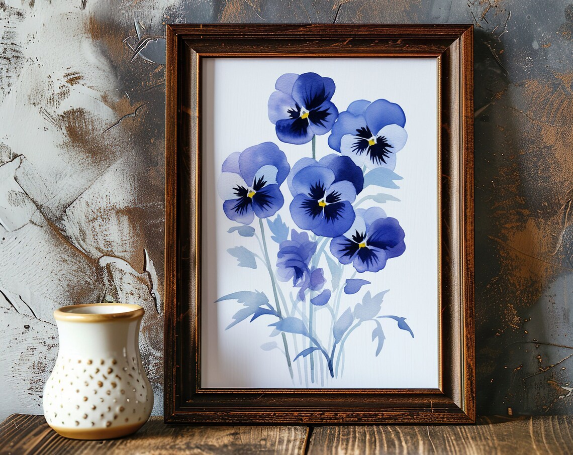 Blue Pansies Watercolor Bouquet Vibrant Blooms Botanical Floral Art Poster - Image 4