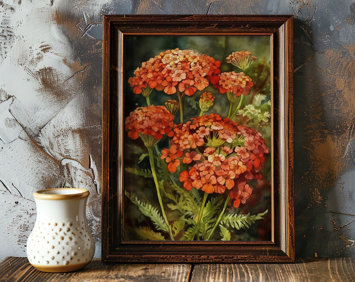Orange Yarrow Flowers Watercolor Bold Floral Botanical Art Poster - Image 5