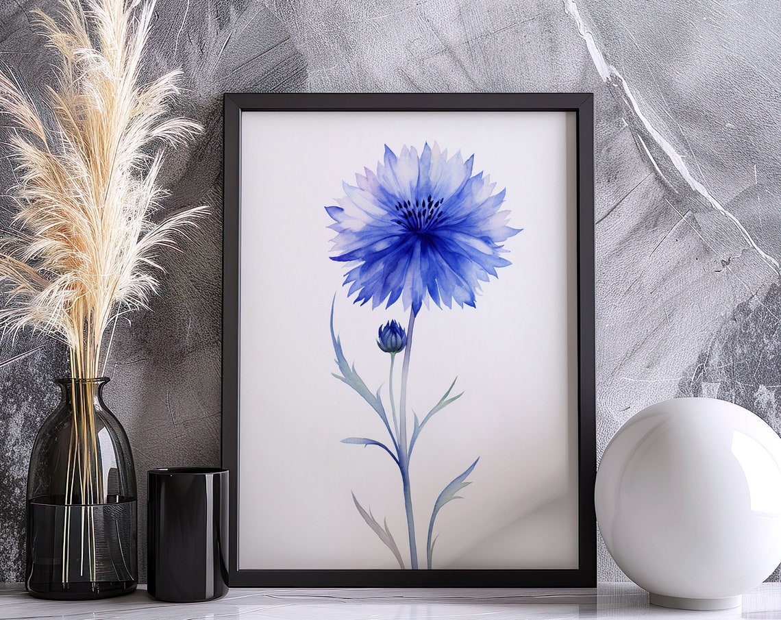 Single Blue Cornflower Bloom Watercolor Botanical Art Poster