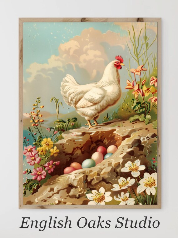 Vintage White Hen With Pastel Easter Eggs In Nest Spring Floral Art Poster