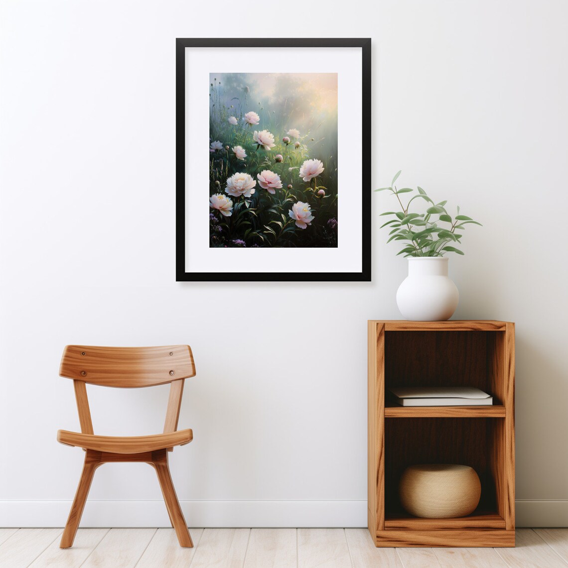 Pink Peonies In Misty Meadow Sunrise Vintage Dreamy Floral Landscape Poster - Image 2