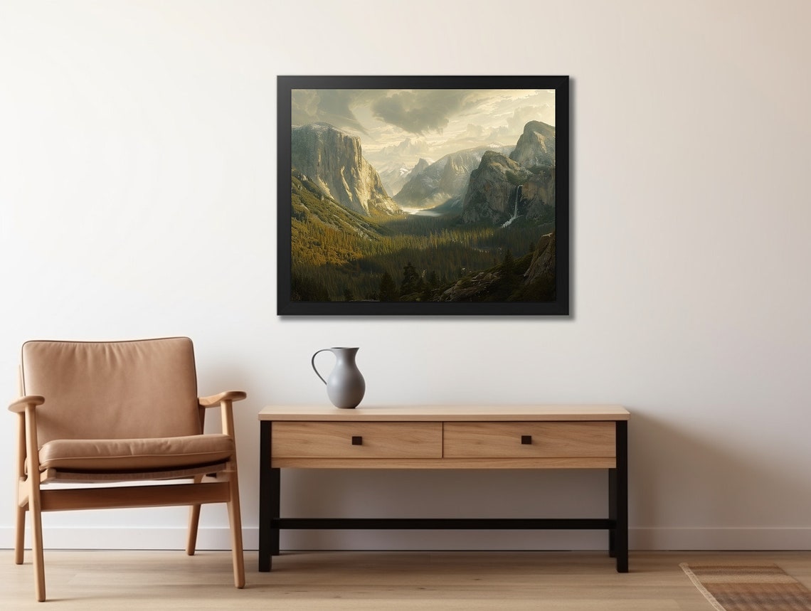 Rustic Lake And Forest Alpine Painting Vintage Moody Mountain Summer Landscape Print - Image 2
