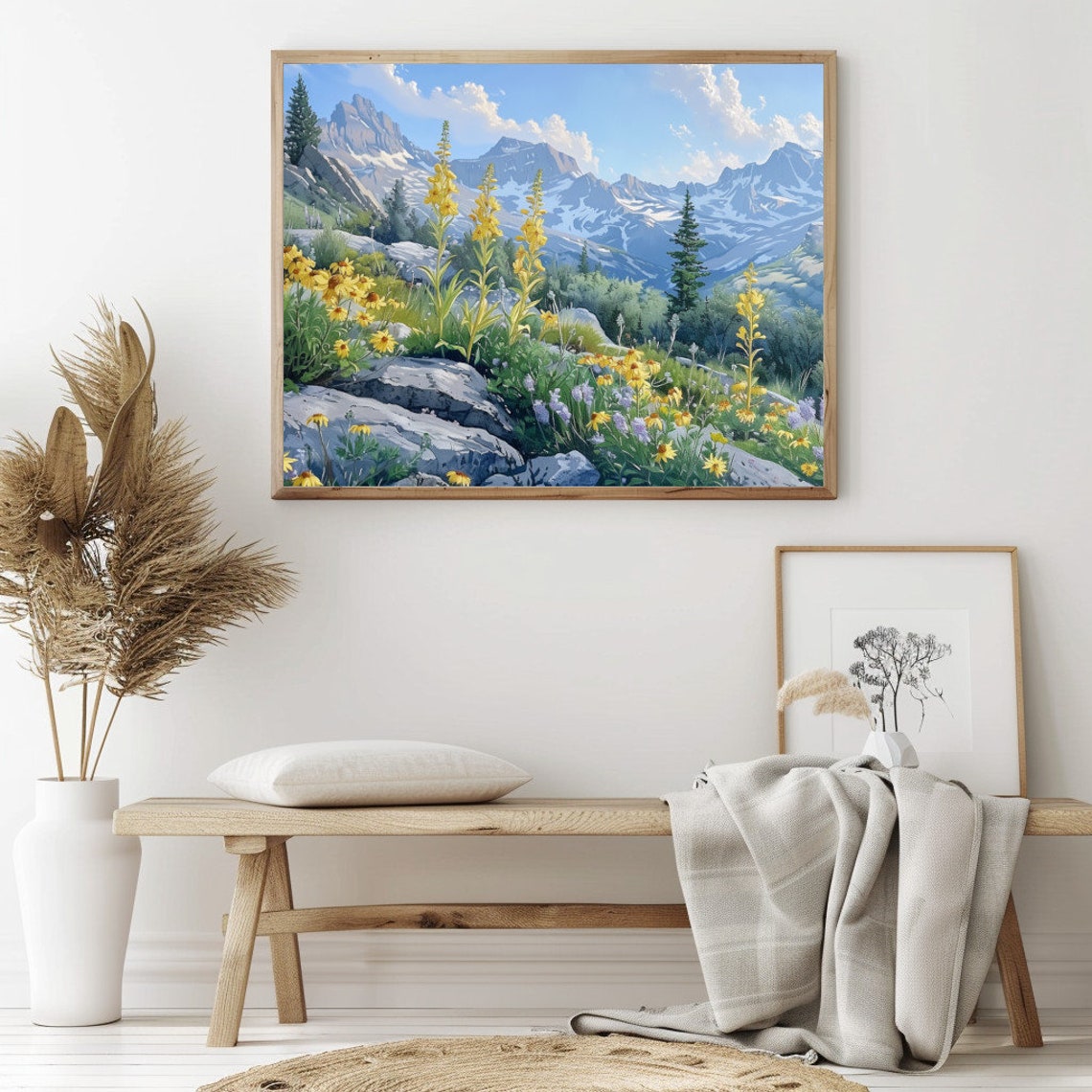 Yellow Wildflowers Rocky Snowy Mountain Peaks Summer Meadow Poster - Image 2
