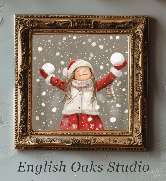 Happy Girl in Red Coat Holding Snowballs in Falling Snow Poster