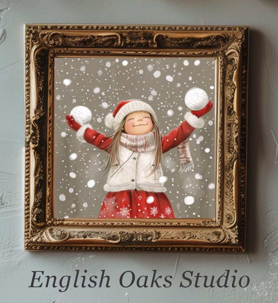 Vintage Snowy Day Girl In Red Outfit Holding Snowball In Each Hand Print Winter Season Baby Boy Girl Wall Art