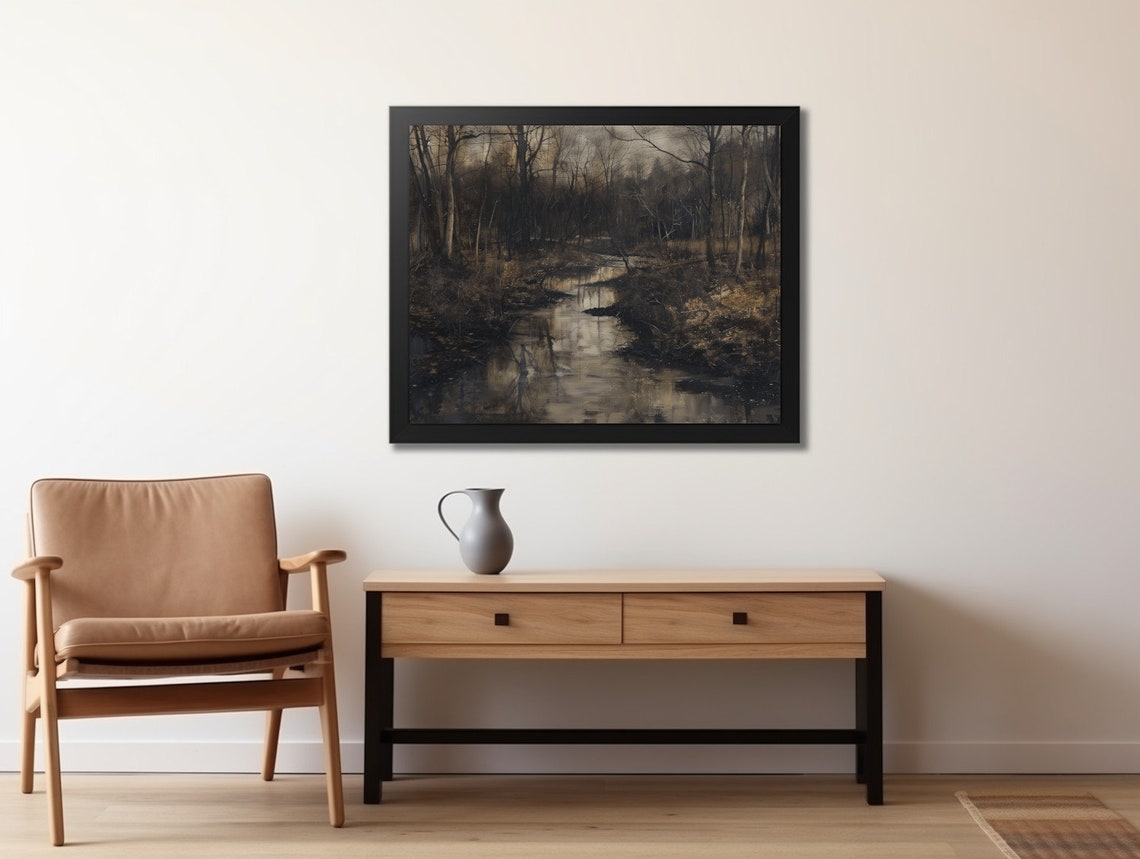 Dark Moody Forest Stream Bare Winter Trees Rustic Landscape Poster - Image 2