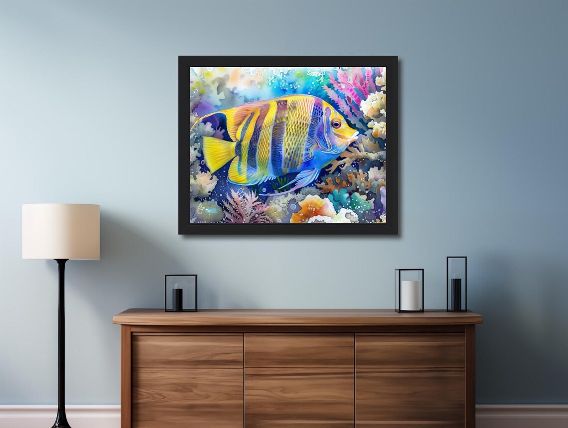Yellow And Purple Striped Angelfish On Coral Reef Watercolor Art Poster - Image 2