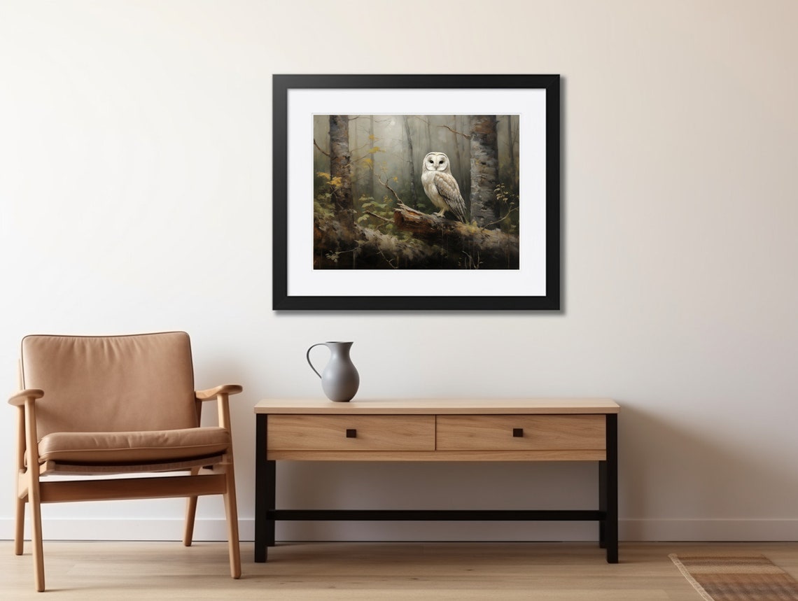 White Barn Owl on Fallen Log in Misty Forest Vintage Wildlife Poster - Image 2