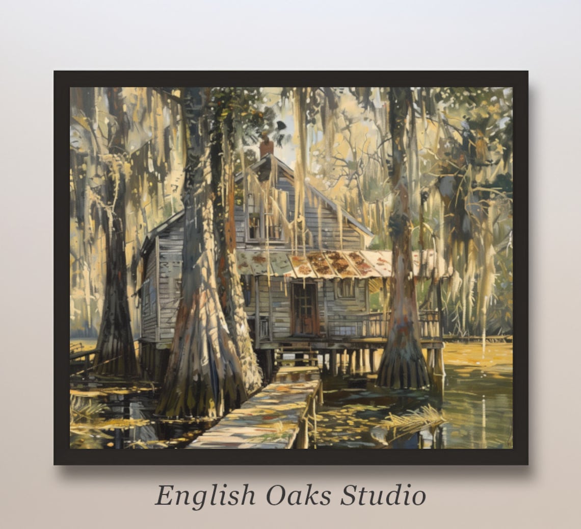 Vintage Louisiana Cabin Swamp Art Print, Bayou Cypress