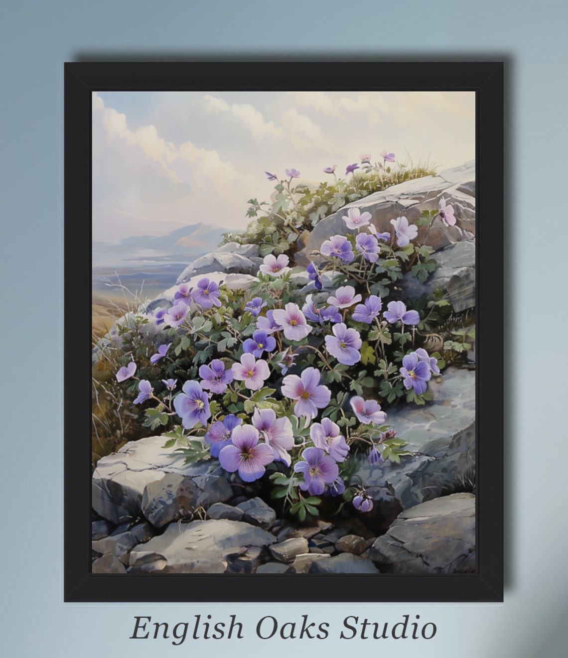 Purple Wildflowers Blooming on Rocky Cliff Overlooking Sea Poster