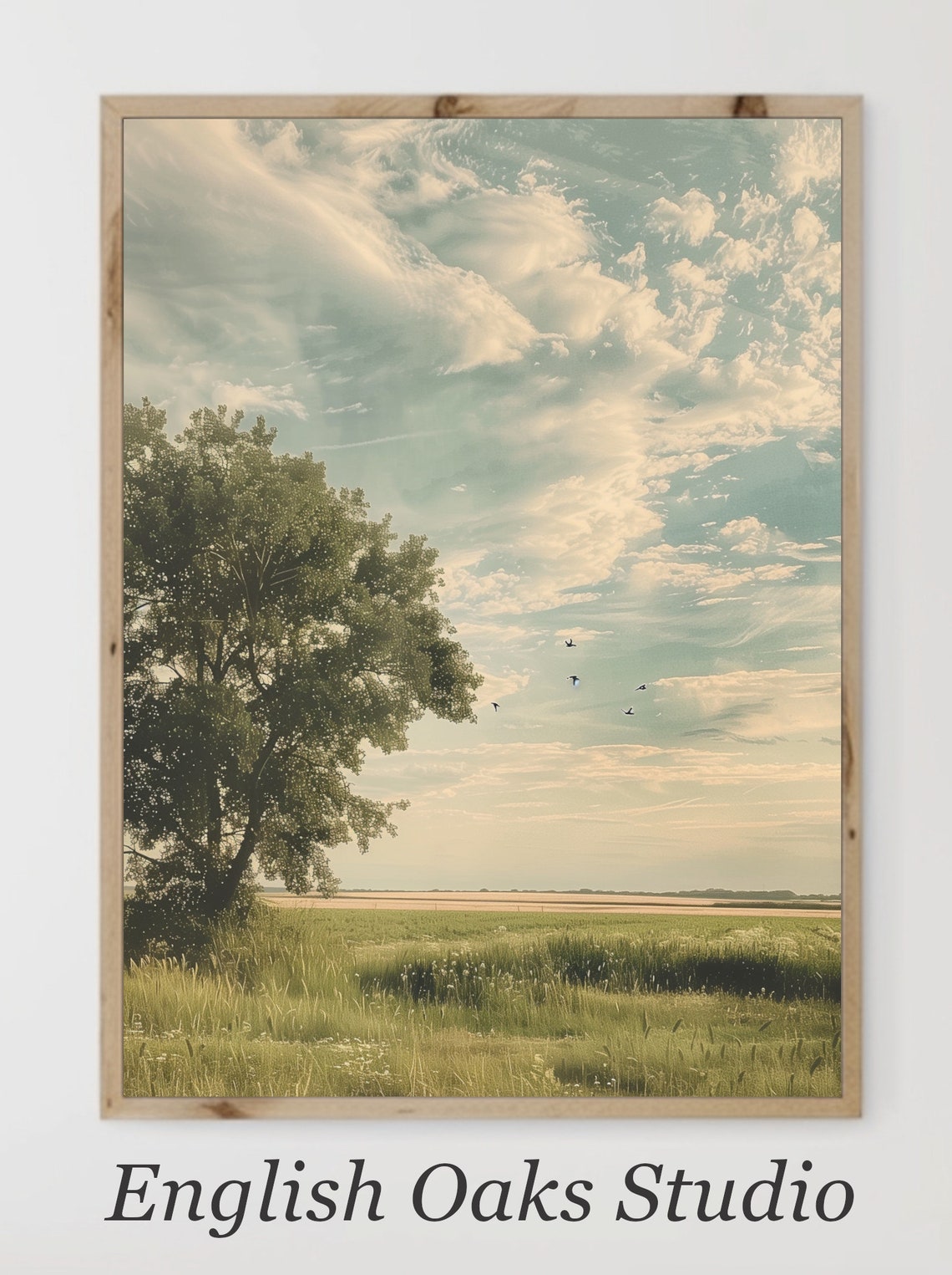 French Countryside Field With Big Tree And Birds Vintage Style Poster