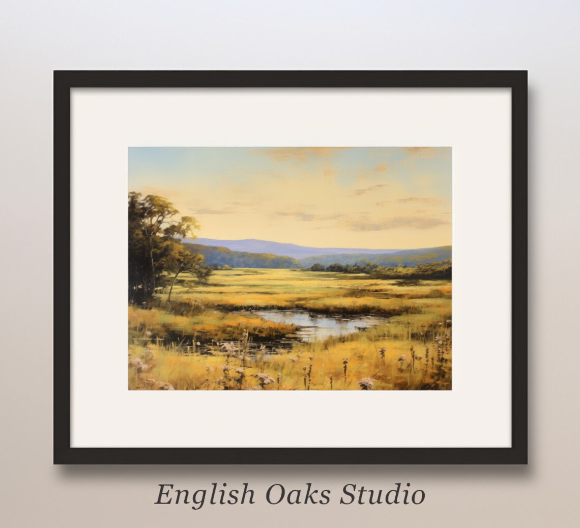 Golden Summer Meadow Pond Landscape Sunny Country Field Wall Art