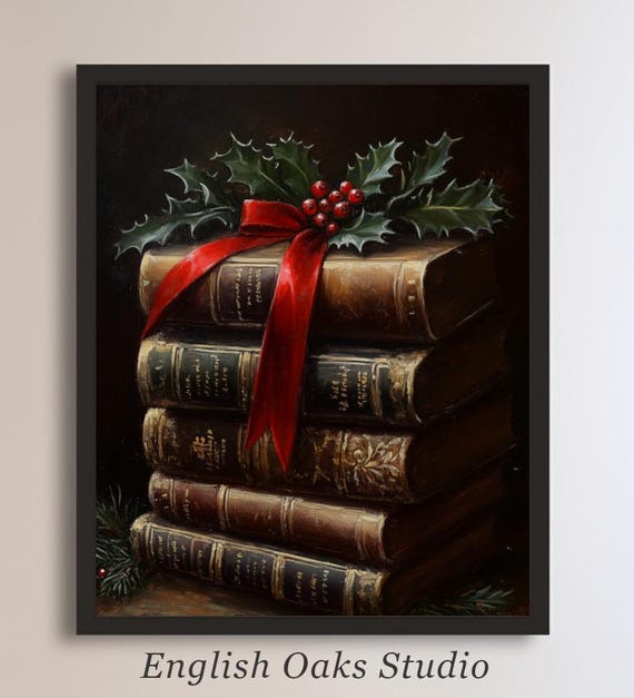 Moody Vintage Holly With Berry And A Bow On Books Winter Print Christmas Dark Academia Goth Decor Painting