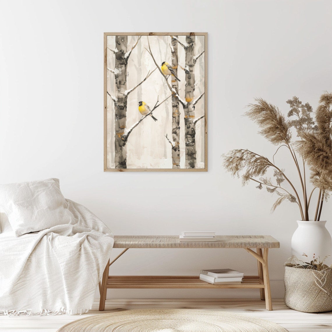 Two Yellow Birds In A Snowy Birch Forest Delicate Watercolor Poster - Image 2
