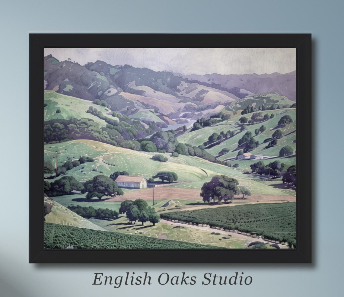 Rolling Green Hills Farmhouse Barn Pastoral Countryside Watercolor Poster