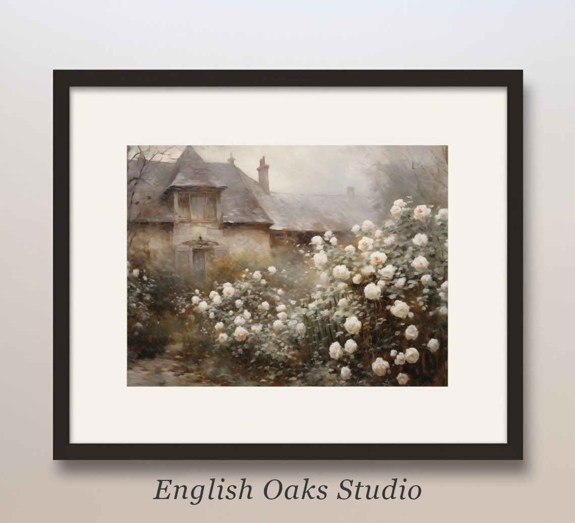 Stone Cottage Garden with White Roses Vintage Oil Painting Poster