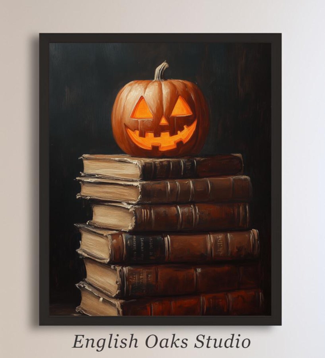 Glowing Jack O Lantern on Stack of Old Books Dark Halloween Still Life Poster