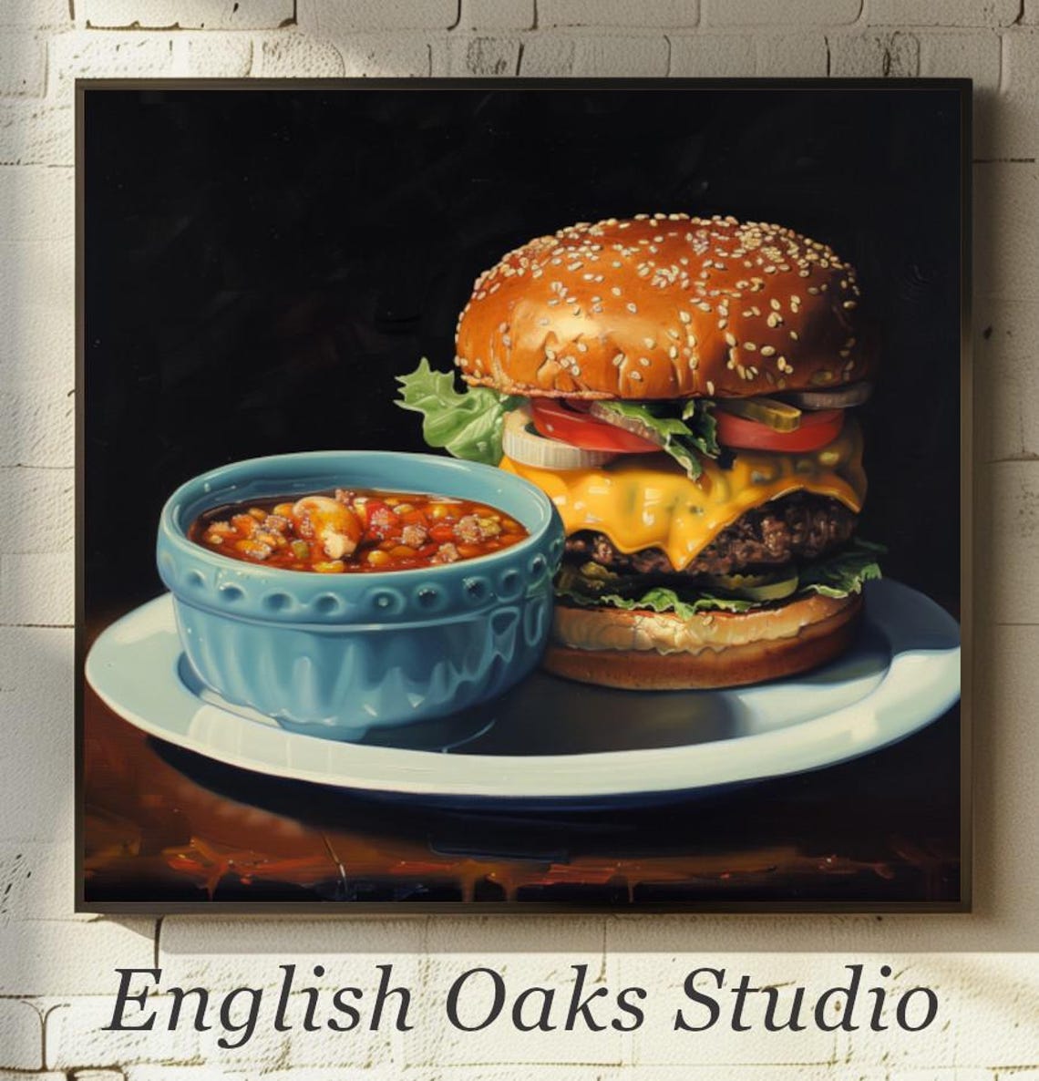 Cheeseburger with Soup Bowl Classic American Diner Art Poster