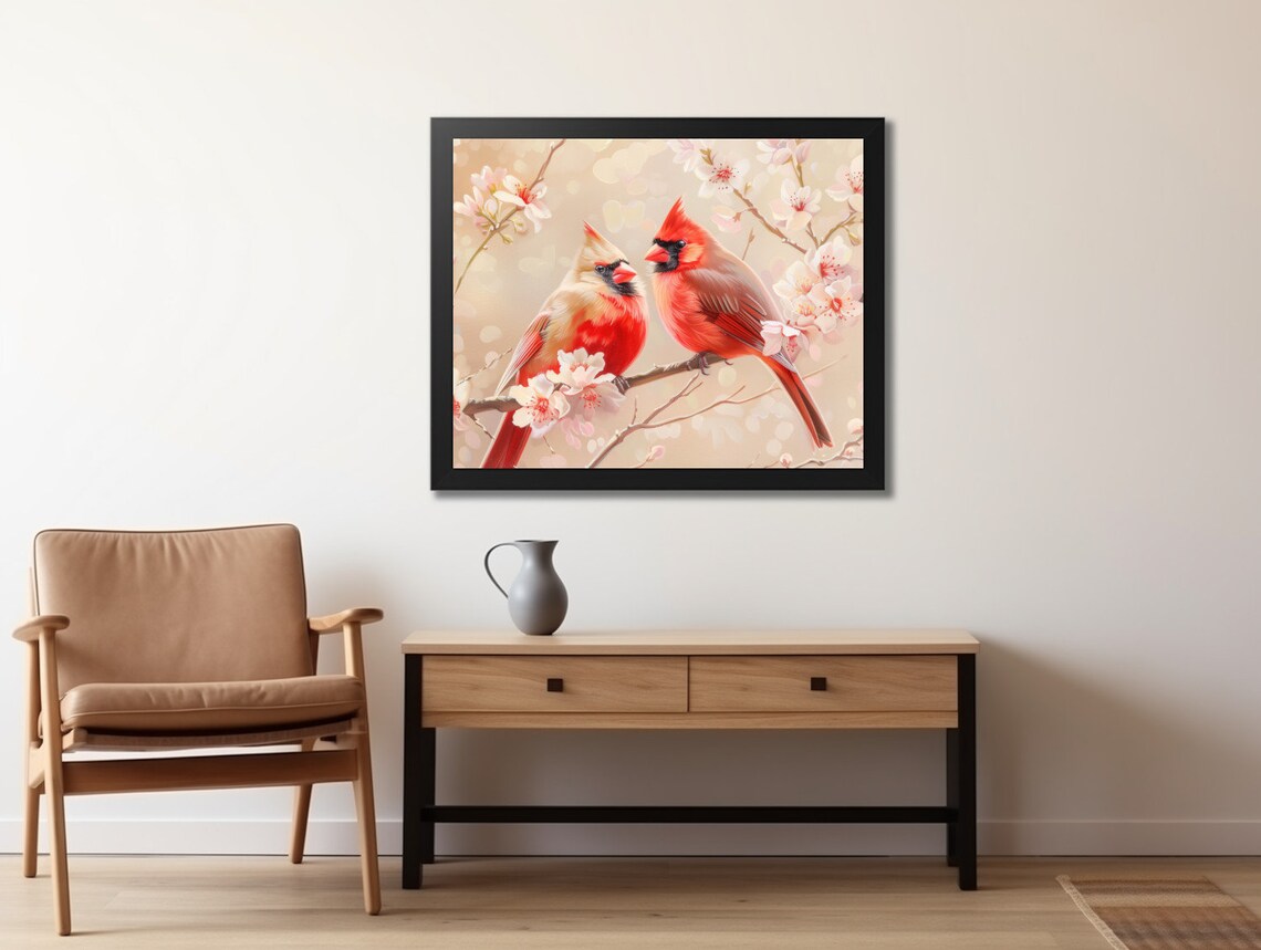 Vintage Spring Cardinal Birds Cherry Blossoms Art Print - Image 2