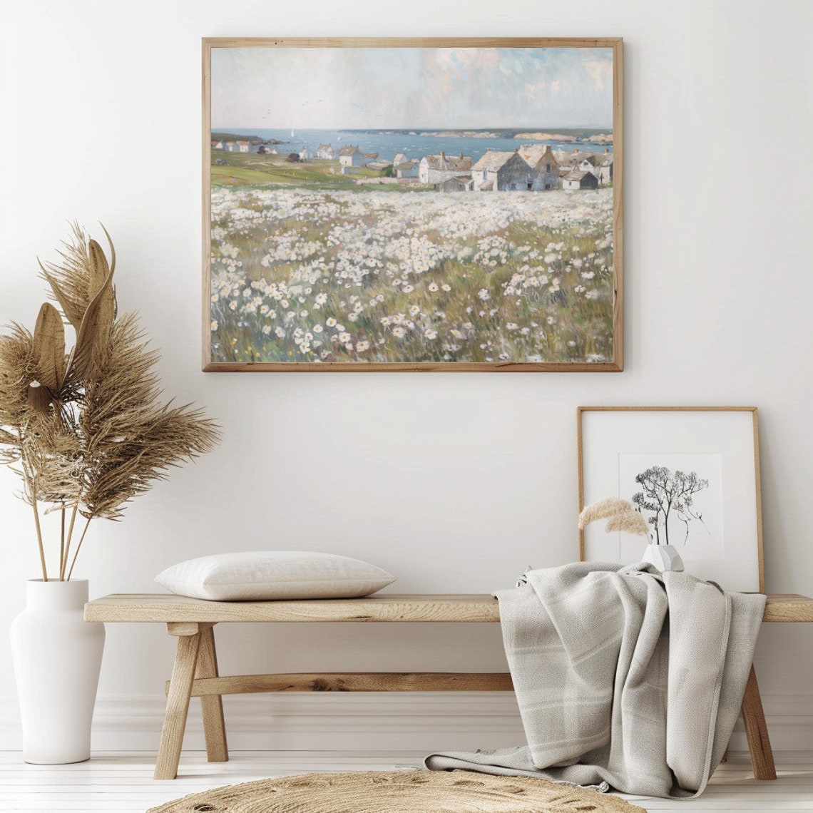 White Wildflower Meadow Above A Coastal Village By The Sea Poster - Image 2