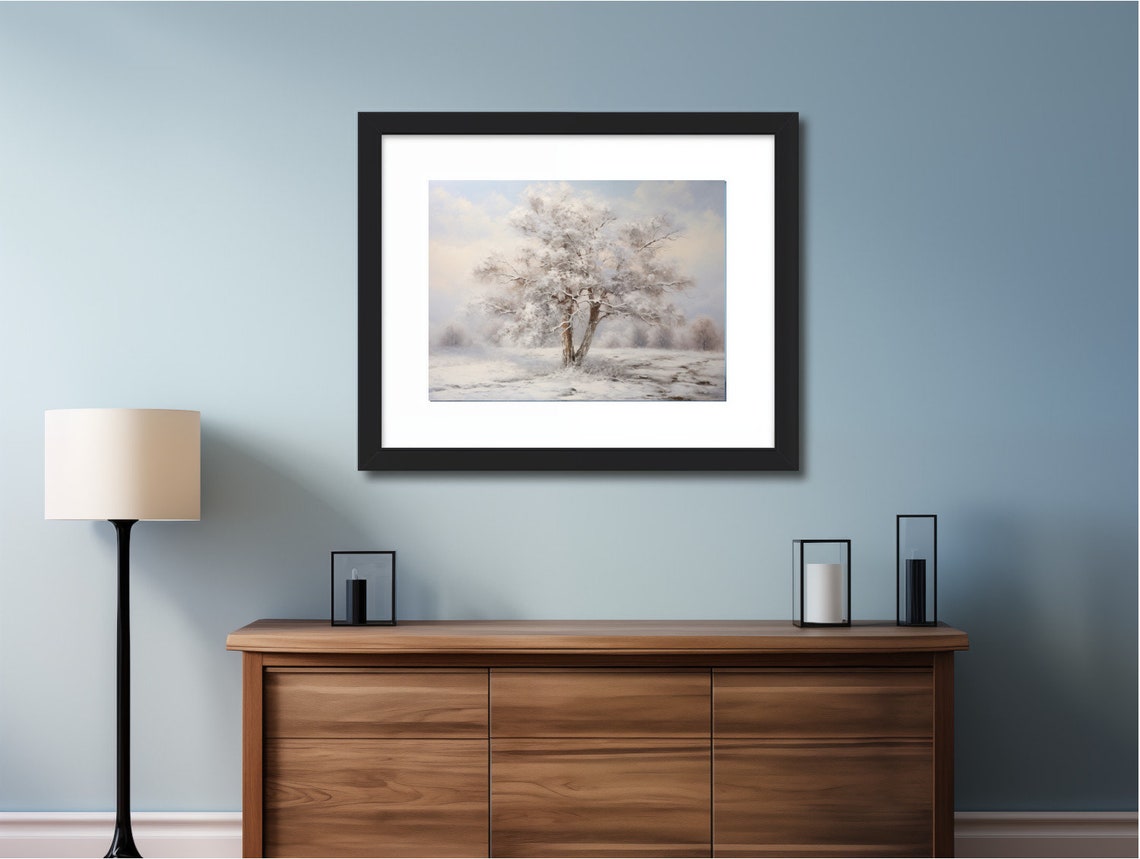 Frosted Solitary Tree in Winter Field Vintage Oil Painting Poster - Image 2
