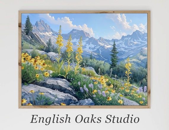 Moody Vintage Rustic Summer Wildflower Field Mountain Painting Farmhouse Botanical Spring Landscape Print 02