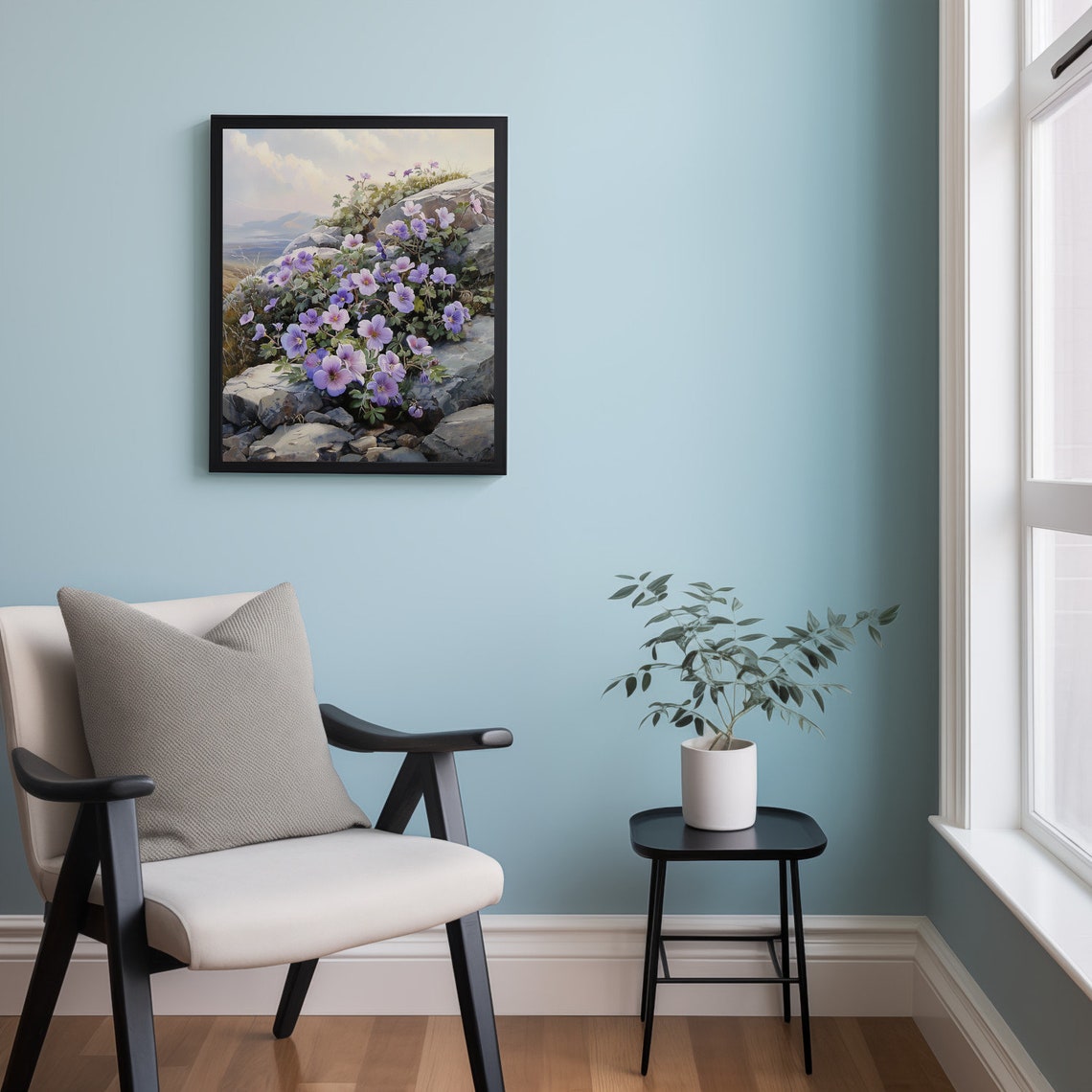 Purple Wildflowers Blooming on Rocky Cliff Overlooking Sea Poster - Image 2