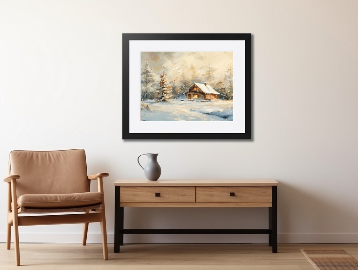 Cozy Log Cabin in a Snowstorm Winter Wonderland Oil Painting Poster - Image 2