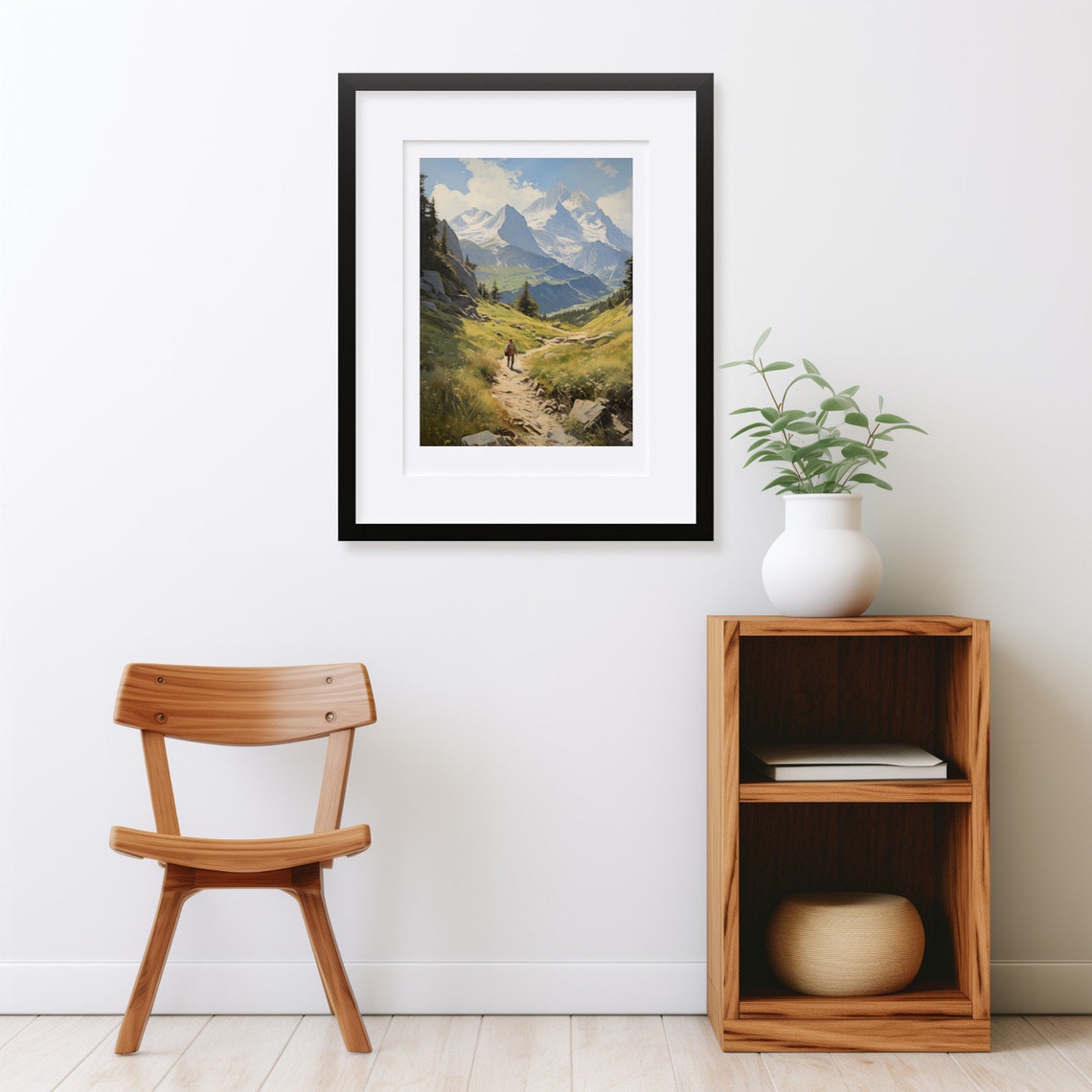 Hiker on Alpine Trail Toward Snow Capped Peaks Vintage Poster - Image 2