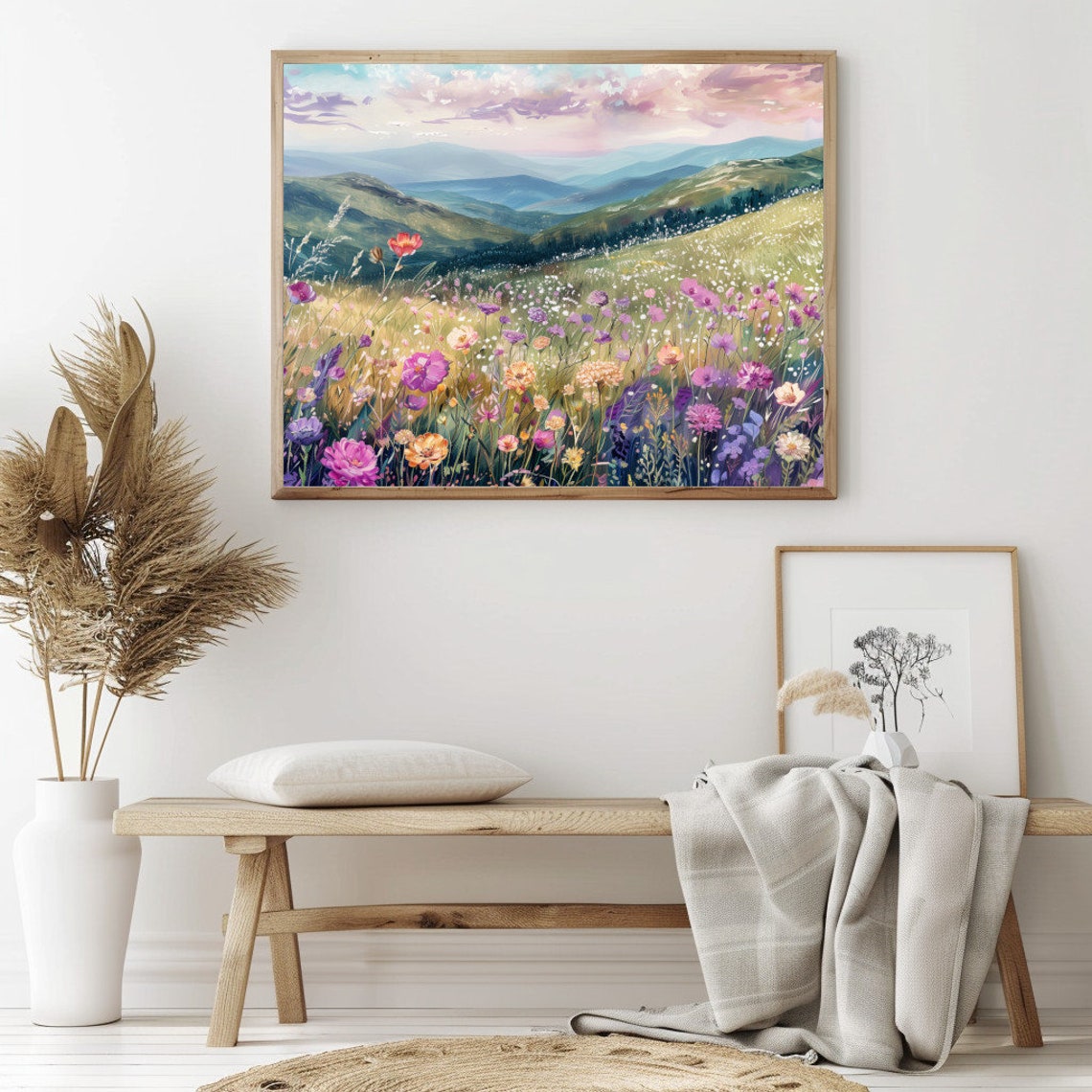 Purple Wildflower Hill Overlooking Mountain Valley At Sunset Poster - Image 2