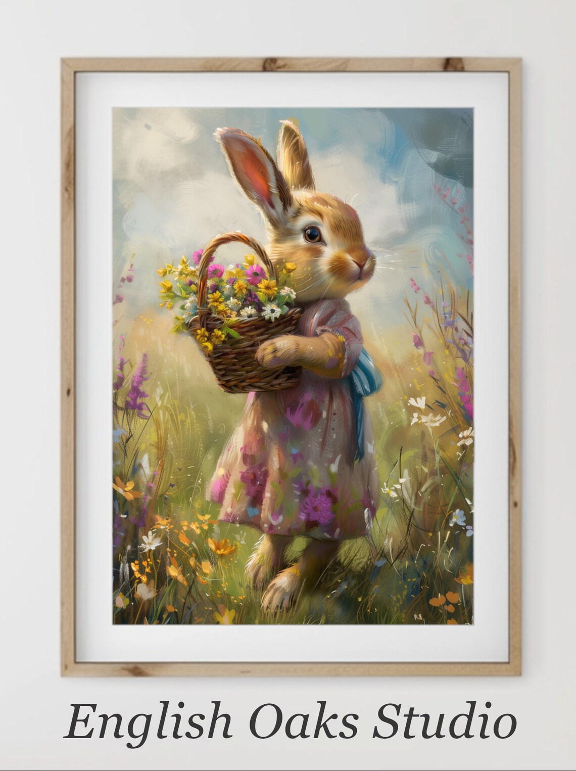 Easter Bunny Girl With Wildflowers, Farmhouse Print