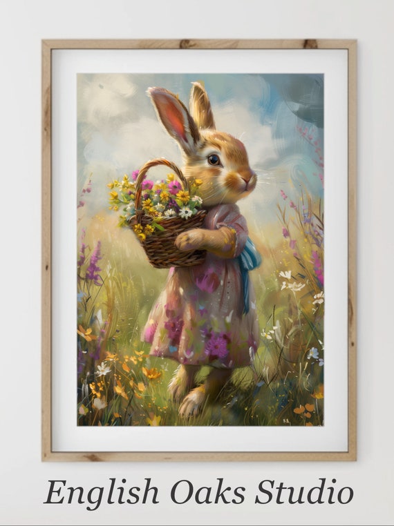 Easter Bunny Girl With Wildflowers, Farmhouse Print