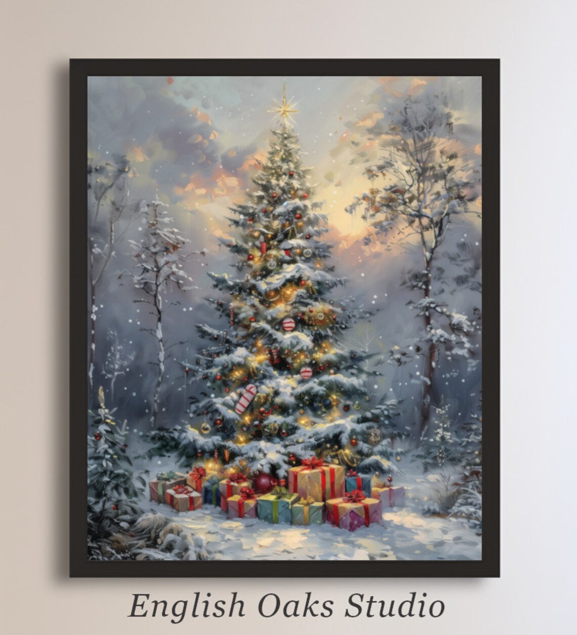 Outdoor Snowy Christmas Tree with Gifts Star Topper Painting Poster