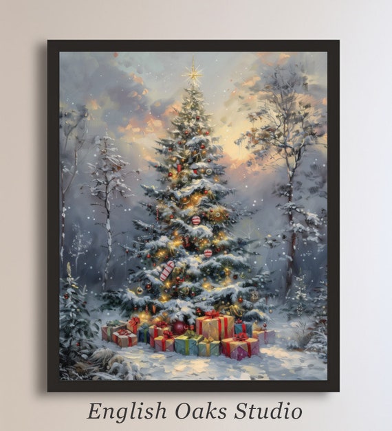 Vintage Christmas Tree With Ornaments And Presents Painting Moody Christmas Tree Winter Print Cottagecore Decor Winter Holiday Wall Art