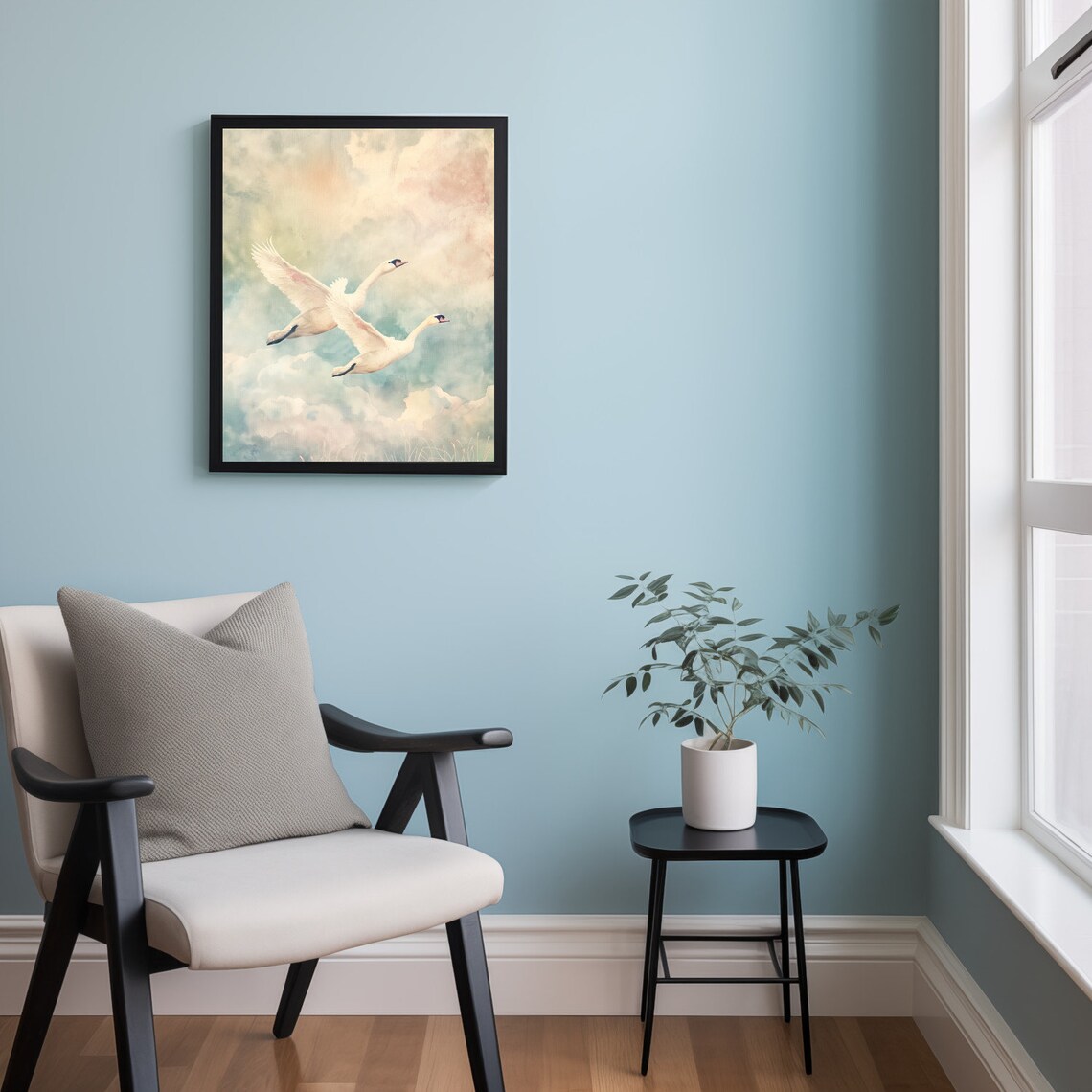 Pair Of Flying Swans, Neutral Bird Wall Art Print - Image 2
