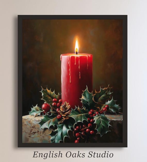 Moody Rustic Winter Season Red Candle Pinecone And Greenery On A Vintage Wooden Shelve Painting Christmas Candle Art Still Life Print