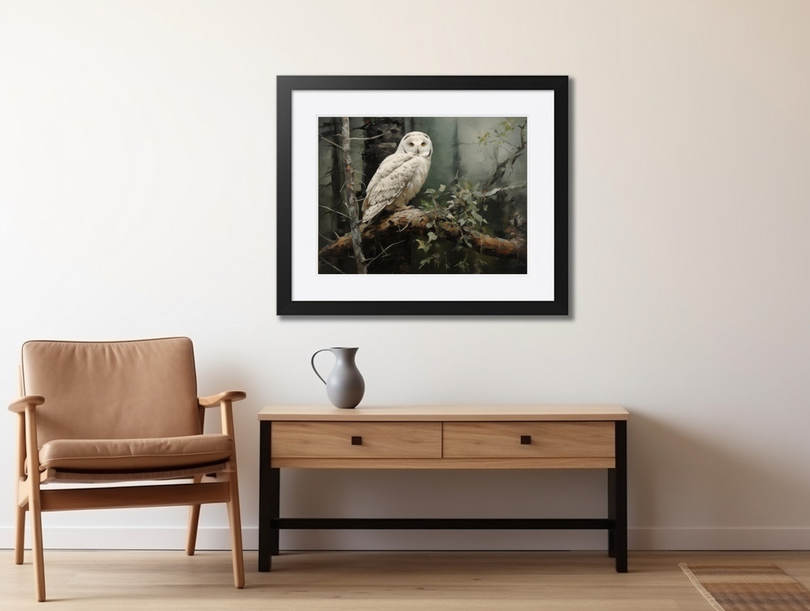 White Snowy Owl Perched on Branch in Dark Misty Forest Wildlife Poster - Image 2