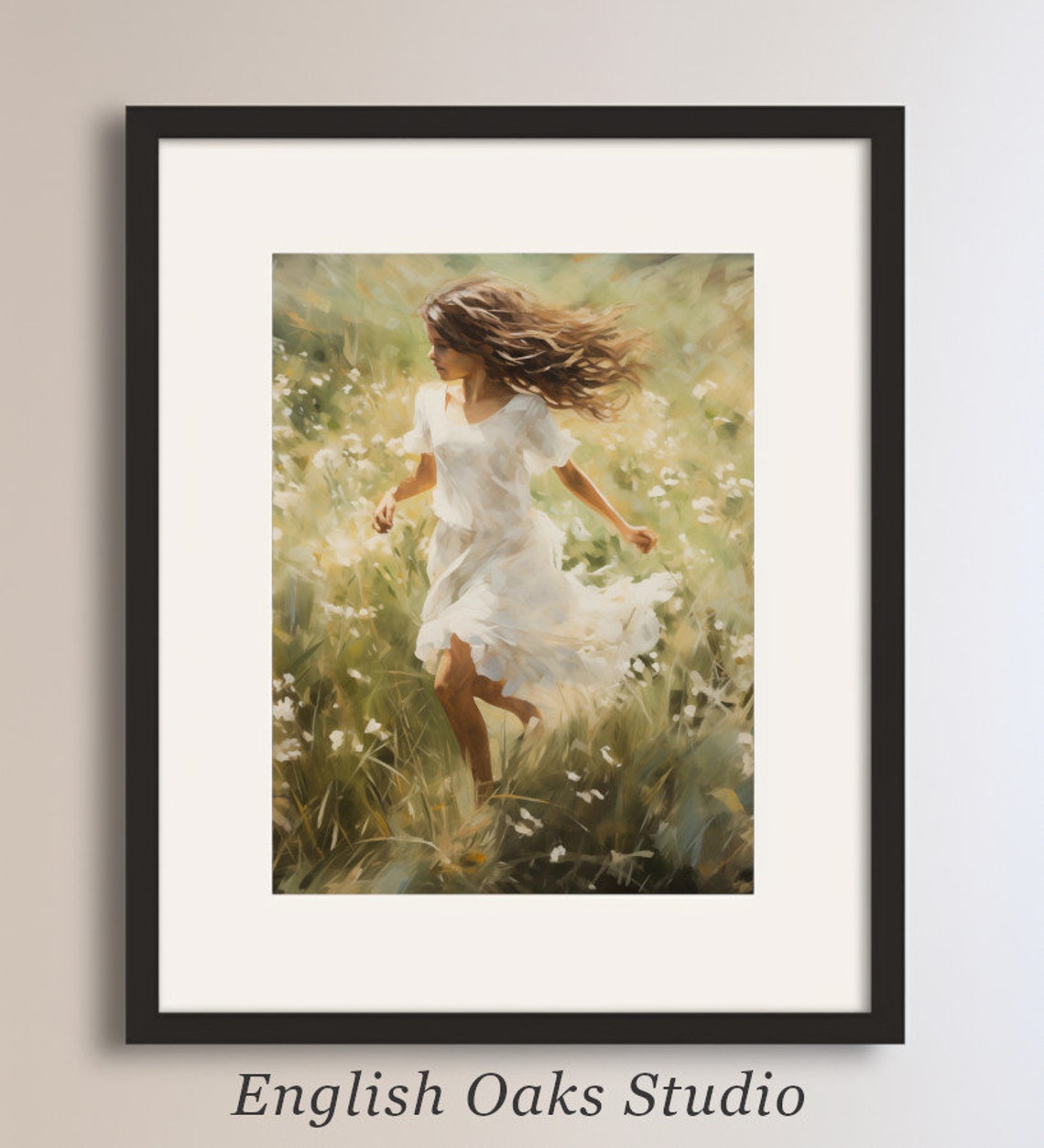 Brunette Girl Running Through Tall Wildflowers Summer Poster