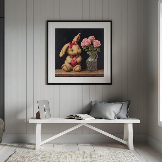 Moody Valentines Day Brown Bunny With Red Bow Vase And Pink Roses Painting Vintage Goth Dark Academia Mothers Day Rabbit And Flowers