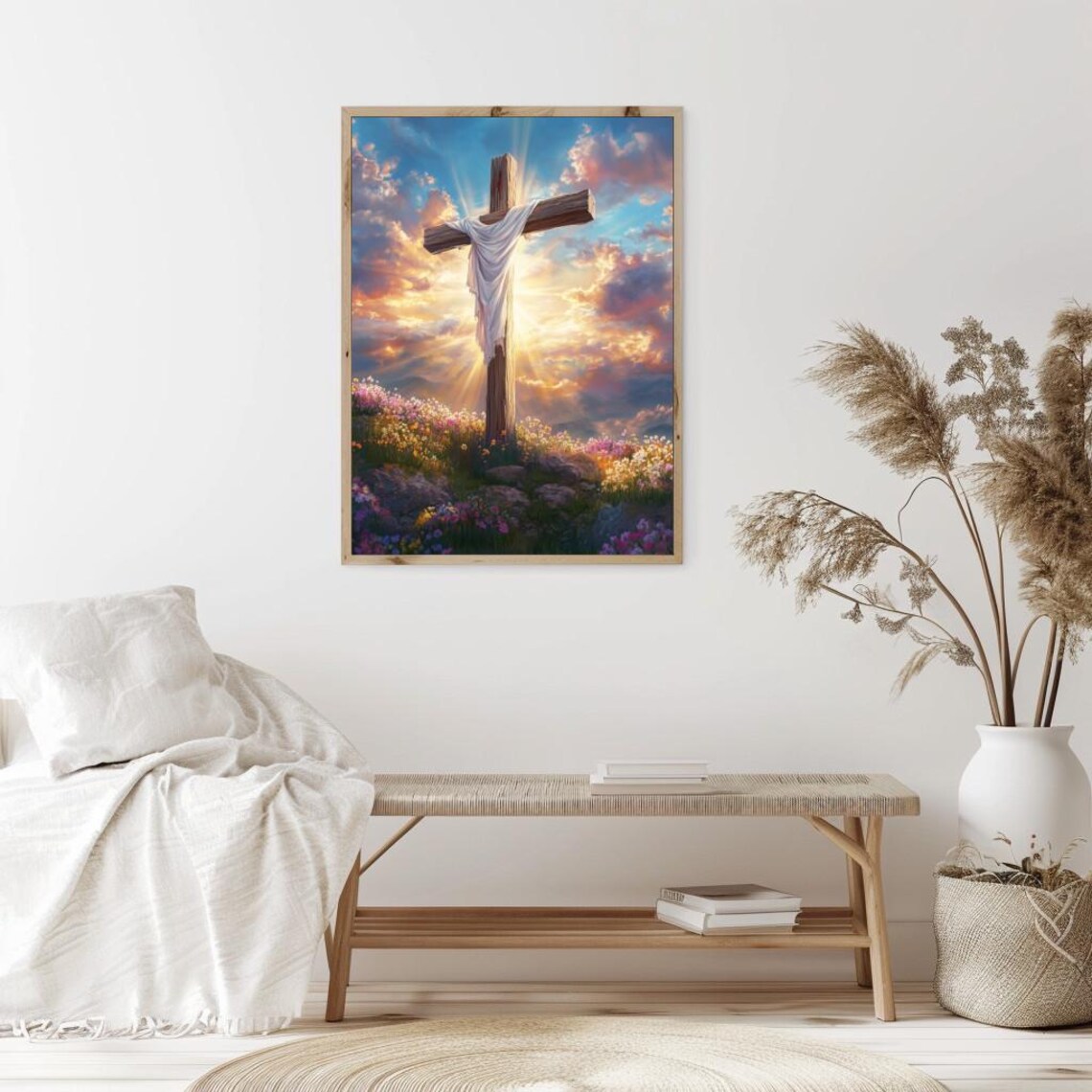 Vintage Christian Easter Cross In Wildflower Field Art Print