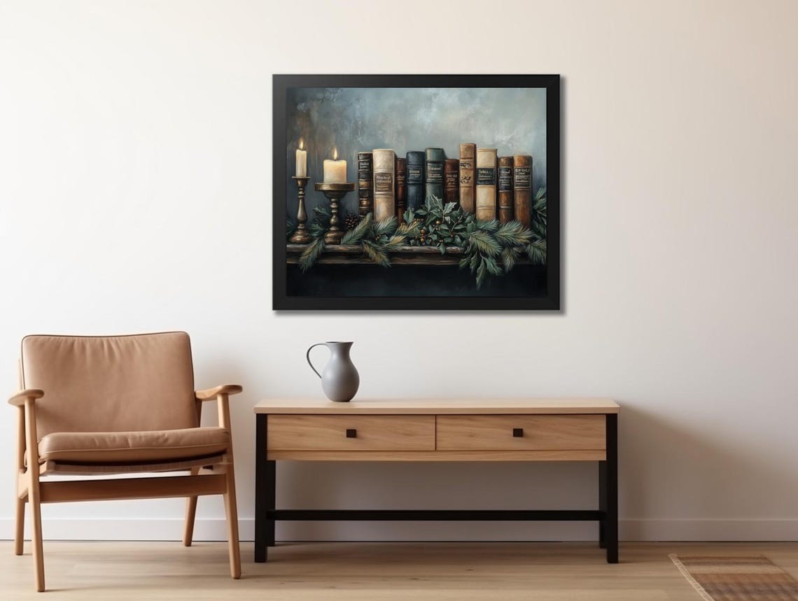 Vintage Books With Lit Candles And Winter Greenery Shelf Poster - Image 2