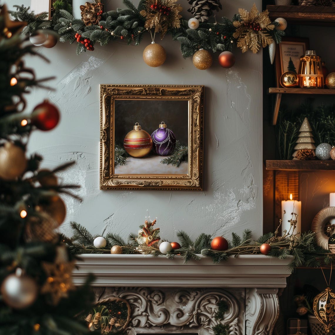 Gold And Purple Christmas Ornaments On Pine Boughs Snow Poster - Image 2