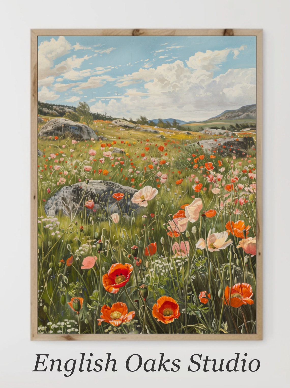 Red and White Poppies Rocky Hillside Field Vintage Summer Poster